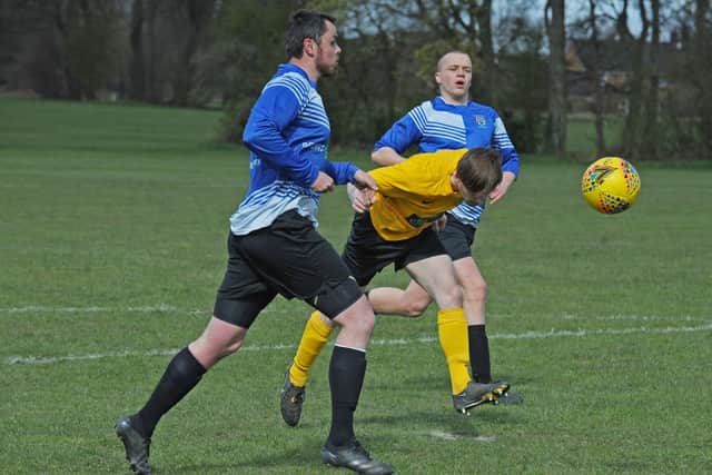 Max Bullard heads in the opening goal in North Leodis' 6-0 Leeds Combination Division 4 win at Headingley Rovers Res. Picture: Steve Riding.