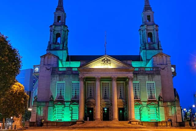 Leeds Civic Hall lit up in green for Ramadan (photo: Leeds City Council).