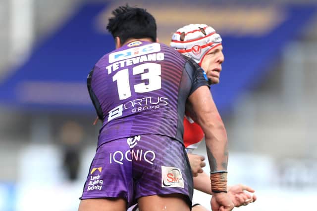 BAN: Leeds Rhinos' Zane Tetevano's late tackle on St Helens' Theo Fages resulted in the Leeds forward being handed a four-match ban. Picture: Mike Egerton/PA Wire.