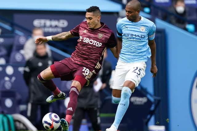Leeds United winger Raphinha in action against Manchester City. Pic: Getty