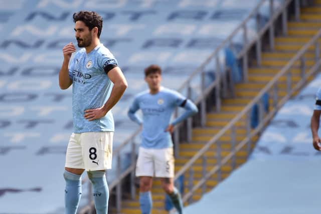 Manchester City midfielder Ilkay Gundogan reacts during defeat to Leeds United. Pic: Getty