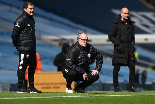 NOT REAL: Leeds United head coach Marcelo Bielsa, centre, has responded to claims in Argentina that he is about to sign a new two-year-deal with the Whites. Photo by Michael Regan/Getty Images.