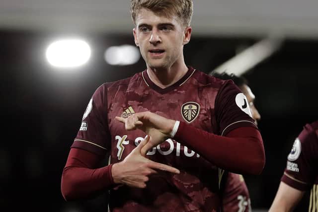 TARGET: For Leeds United striker Patrick Bamford, pictured celebrating his most recent goal in last month's 2-1 victory at Fulham. Photo by MATT DUNHAM/POOL/AFP via Getty Images.