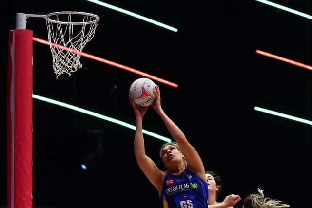 Donnell Wallam of Leeds Rhinos takes a shot during the Vitality Netball Superleague round 1 match between Celtic Dragons and Leeds Rhinos at Studio 001 on February 12, 2021  Picture: Jan Kruger/Getty Images for Vitality Netball Superleague.