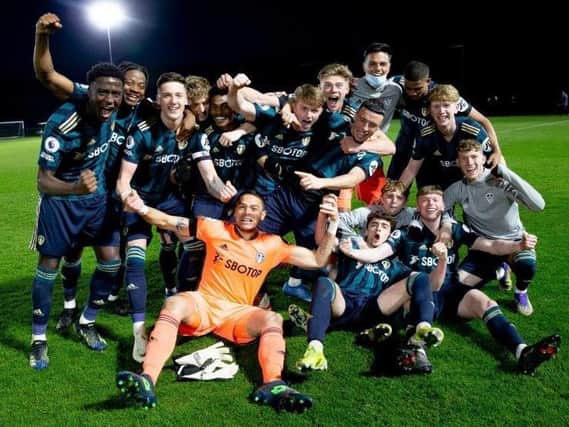 Leeds United's Under-23s celebrate winning the Premier League 2 Division Two title at Aston Villa. Pic: LUFC