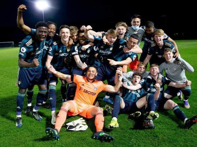 Leeds United's Under-23s celebrate promotion. Pic: LUFC