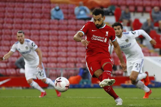 CLINCHER: Mohamed Salah of Liverpool nets his side's winning goal in September's 4-3 victory over Leeds United. Picture: Phil Nobl/Getty Images.