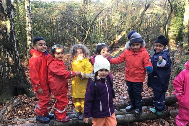 Children from Primley Wood wrapped up and ready to rumble in the woods near their school.