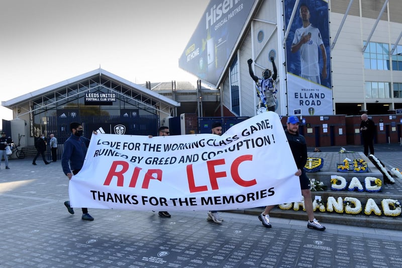 A pair of Leeds-based Liverpool fans, Adam and Alex, joined the Whites supporters and held up a banner that read: "Love for the working class game ruined by greed and corruption! RIP LFC. Thanks for the memories."