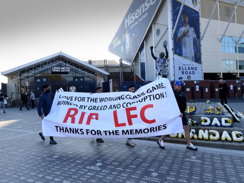 A pair of Leeds-based Liverpool fans, Adam and Alex, joined the Whites supporters and held up a banner that read: "Love for the working class game ruined by greed and corruption! RIP LFC. Thanks for the memories."