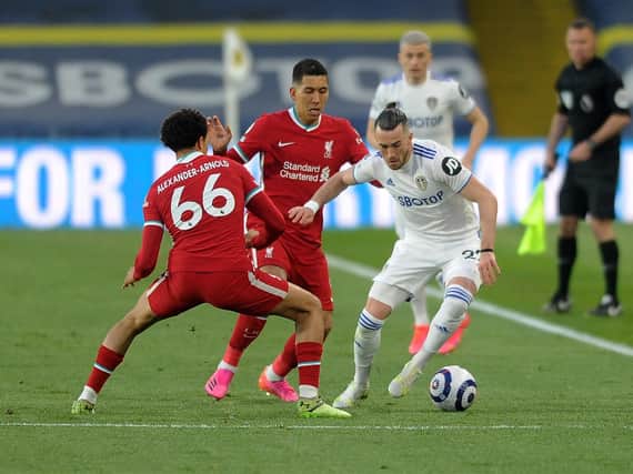 WELL STRUCK - Jack Harrison's corner was met by Diego Llorente for Leeds United's leveller against Liverpool at Elland Road. Pic: Simon Hulme