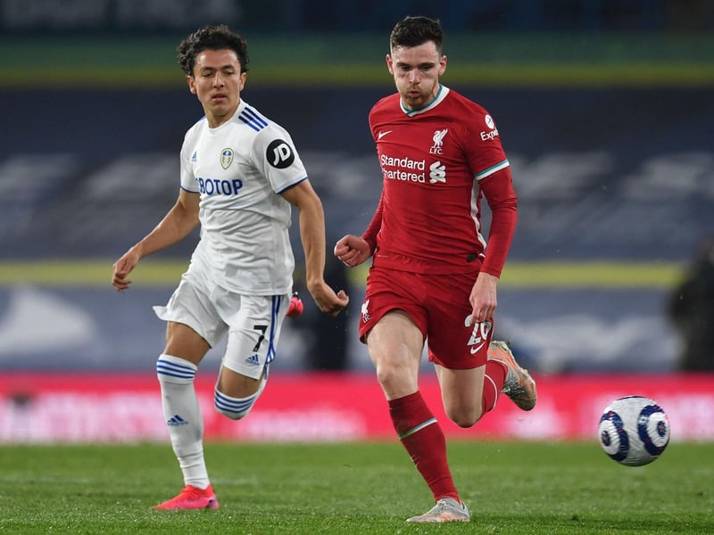 6 - Tried to get at Liverpool, sometimes with no end product. Did find Roberts with a nice inside pass that should have brought a goal. Photo by PAUL ELLIS/POOL/AFP via Getty Images.