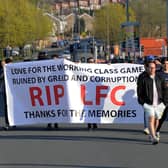 UPROAR: Fans gather to protest outside Elland Road at the European Super League concept before Monday night's Premier League clash between Leeds United and Liverpool. Picture by Simon Hulme.