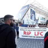 Banners outside the stadium against Liverpool's decision to be included amongst the clubs attempting to form a new European Super League.