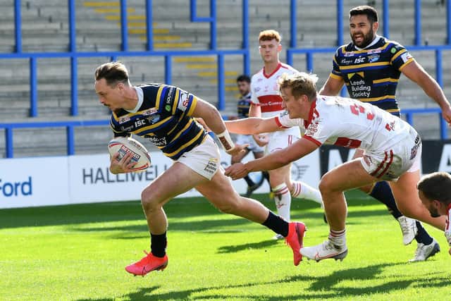 James Donaldson scores for Rhinos against Hull KR last season. Picture by Jonathan Gawthorpe.