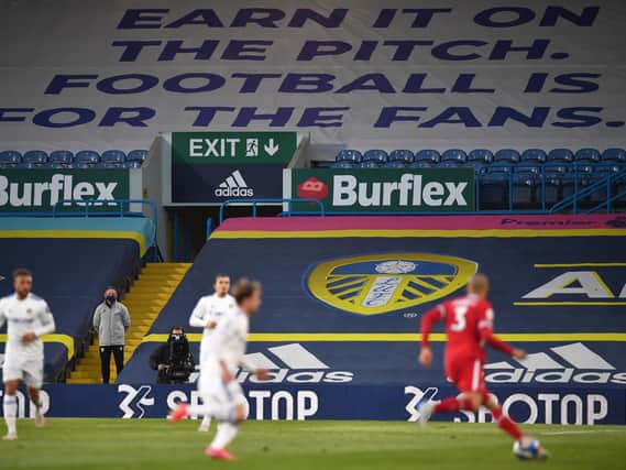 Leeds United displayed a banner at Elland Road on Monday night opposing the European Super League plans. Pic: Getty