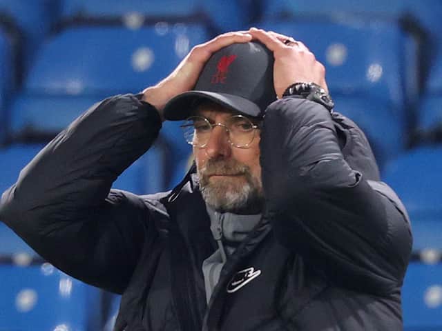 ROUGH NIGHT - Jurgen Klopp endured a difficult evening at Elland Road as Liverpool drew 1-1 with Leeds United amid fury over the European Super League plans involving his club. Pic: Getty