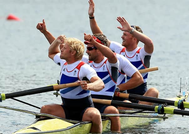 Teamwork: Andrew Triggs Hodge, front left, celebrates winning Olympic gold in the men’s four a London 2012. He is now trying to take the sport he loves to as many children as possible. (Picture: PA)