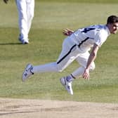 Yorkshire's Jordan Thompson bowls during Day 2 of the LV=Insurance County Championship game between Kent and Yorkshire (Picture: Max Flego)