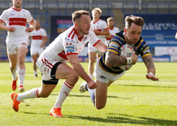 Richie Myler touches down for Leeds Rhinos in their last encounter with Hull KR back in September. Picture: Ed Sykes/SWpix.com.