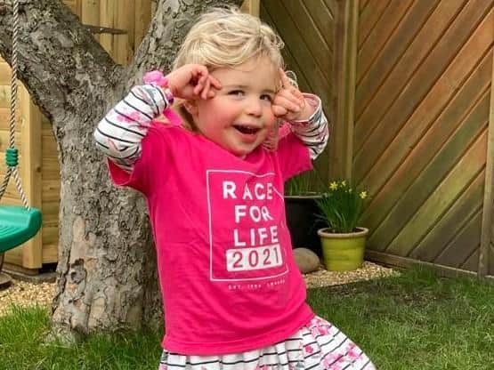 Evie Shippey, three, ready to Race for Life.