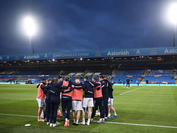 Leeds United in a huddle during a warm-up at Elland Road. Pic: Getty