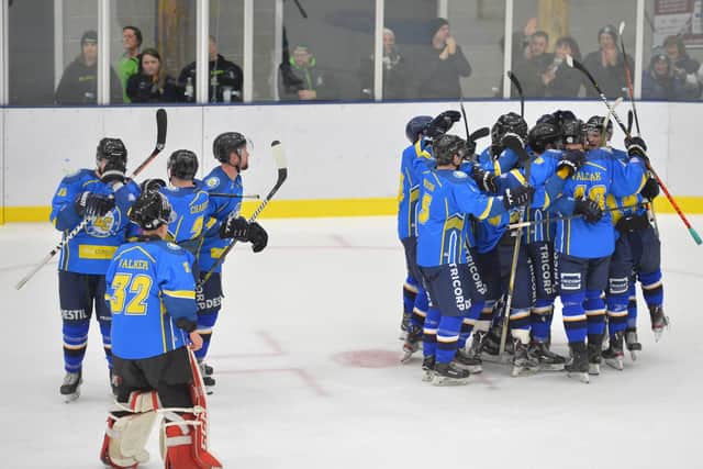 Leeds Chiefs celebrate a win over Hull Pirates at Elland Road in an inaugural season cut short by the pandemic. Picture: Dean Woolley.