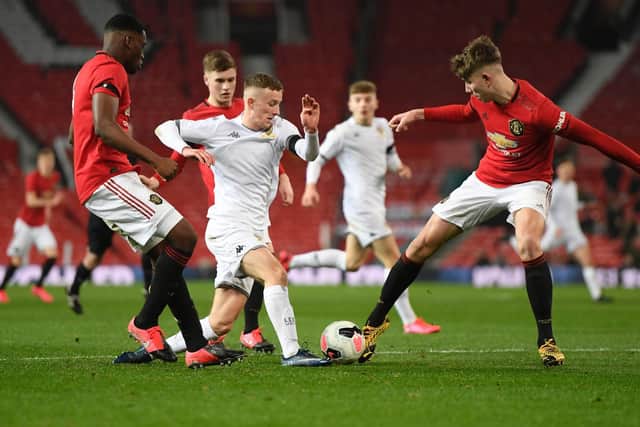 Former Leeds United youngster Max McMillan in action for the club against Manchester United. Pic: Getty
