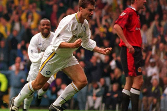 SPECIAL MOMENT - David Wetherall celebrates the winner against Manchester United in a 1997 Leeds United clash at Elland Road. Pic: Bruce Rollinson