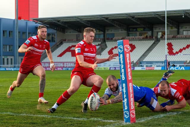 So close: Luke Briscoe sees his 'try' disallowed against
Hull KR. Picture Bruce Rollinson