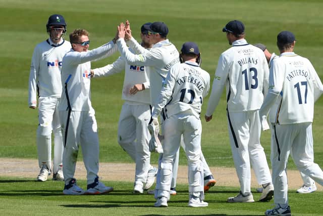 Yorkshire spinner Dom Bess, pictured second left, enjoyed second-innings figures of 6-53 to help the county complete an impressive County Championship victory over Sussex at Hove. Bess also picked up a wicket in the first innings. Picture: Mike Hewitt/Getty Images