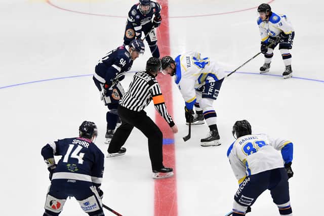 HISTORY-MAKING: Leeds Chiefs face-off against Sheffield Steeldogs in the first-ever game at Leeds' Elland Road rink in January last year. Picture: Jonathan Gawthorpe.