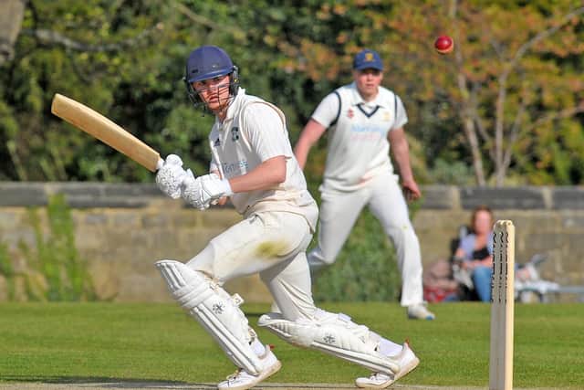 Josh Stephenson of Otley hits a four against Rawdon. Picture: Steve Riding.