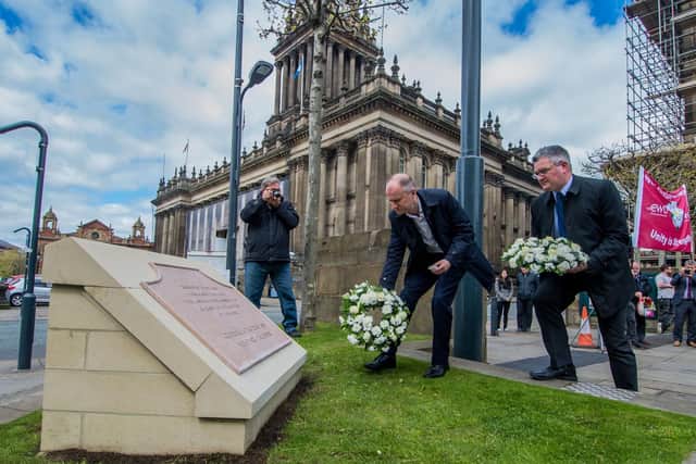 Leeds City Council chief executive Tom Riordan and now council leader James Lewis taking part in Workers' Memorial Day commemorations in 2017 when the city's memorial to workers was first unveiled. Picture: James Hardisty