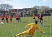 West Yorkshire League Division 1 table toppers, Rawdon OB, enjoyed a 2-1 win over visitors East End Park with a late penalty from Oliver Nightingale. Picture: Steve Riding.