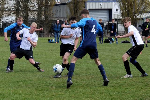 Paddy Gibbons shoots for Division 1 champions Wykebeck Arms in the 2-2 draw at New Inn New Inn FC. Picture: Steve Riding.