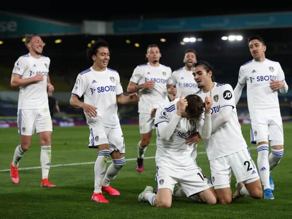 SETTLED IN - Diego Llorente, celebrating his recent goal against Liverpool with his Leeds United team-mates, is an introvert according to Patrick Bamford. Pic: Getty