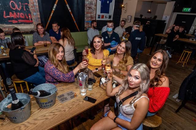 Laura Bruin, Rachel Bean, Emily Shaw, Hannah Cressey and Georgia Jackson celebrating the reopening of bars and pubs in July 2020 (photo: James Hardisty).