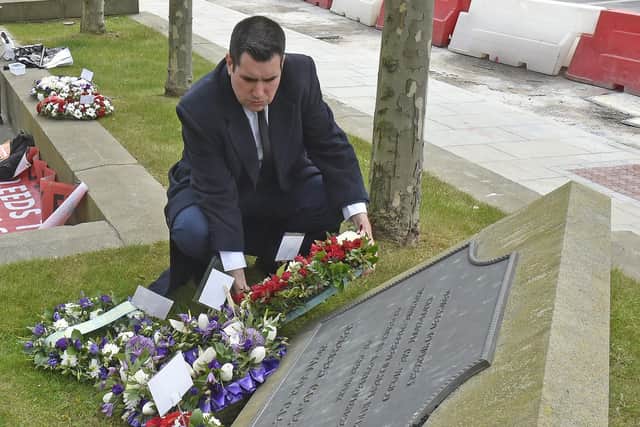 Leeds East MP Richard Burgon lays a wreath at the Workers' Memorial Day monument in Victoria Gardens, outside Leeds Library (photo: Steve Riding).