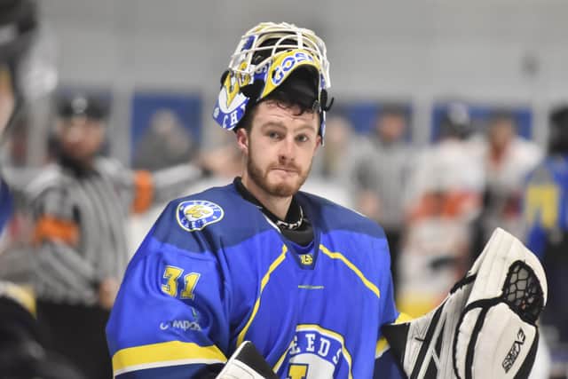 NET GAINS: Despite a tough inaugural campaign for Leeds Chiefs, No 1 choice Sam Gospel 
was voted NIHL National netminder of the year in 2019-20. 
Picture courtesy of Steve Brodie.