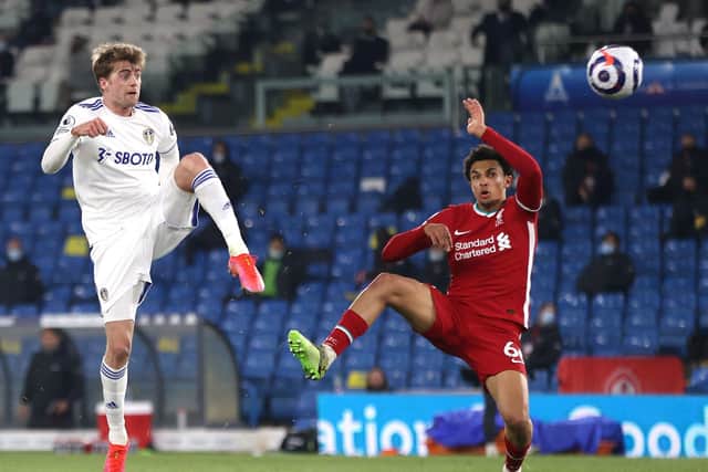 Leeds United striker Patrick Bamford, pictured going close with a shot against Liverpool recently, is due a goal, say fans, and tomorrow could well be the day he breaks his mini drought. Picture: Clive Brunskill/PA Wire.