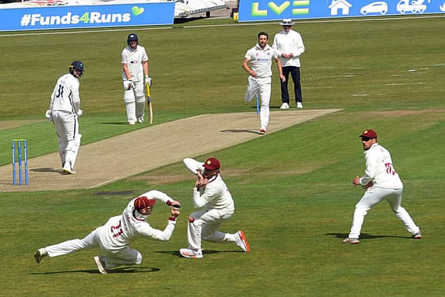 NARROW ESCAPE: A chance goes begging in the Northants slip cordon at Headingley on day one. Picture: Dave Williams.