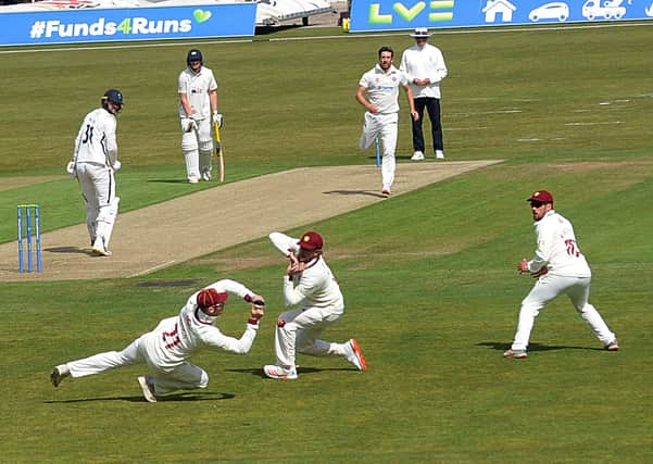 NARROW ESCAPE: A chance goes begging in the Northants slip cordon at Headingley on day one. Picture: Dave Williams.