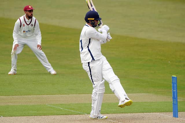Yorkshire's Will Fraine pulls to leg but was later dismssed leg before for 11 on day one against Northants. Picture: Dave Williams.