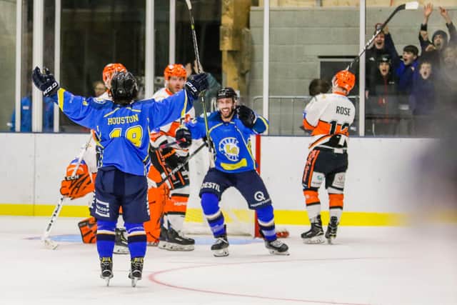 MAGIC MOMENT: Andres Kopstals celebrates Lewis Houston's overtime winner for Leeds Chiefs against Telford Tigers at Elland Road in February 2020. Picture: Mark Ferriss.