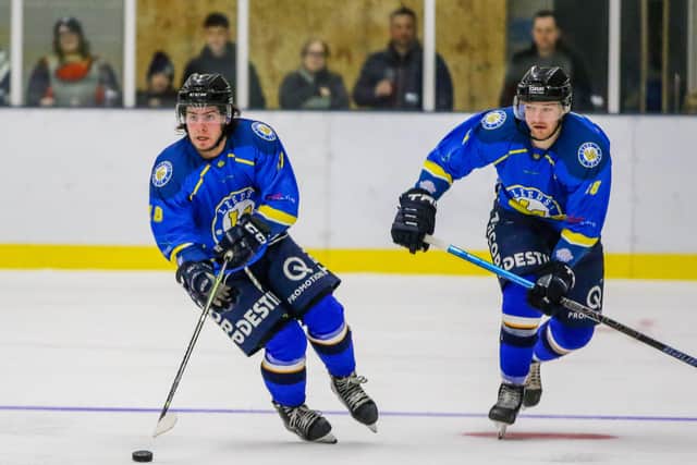 STEPPING UP: Sam Zajac brought in several players to play at NIHL National level for the first time, including Lewis Houston, left, and top points scorer Adam Barnes. Picture courtesy of Mark Ferriss.