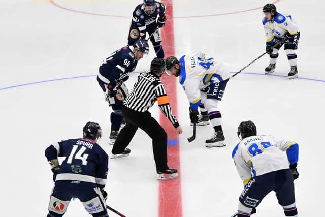 HOMECOMING: Leeds Chiefs finally got to play in their rink on January 31, 2020 - Patrik Valcak seen facing off against Sheffield Steeldogs. Picture: Jonathan Gawthorpe.