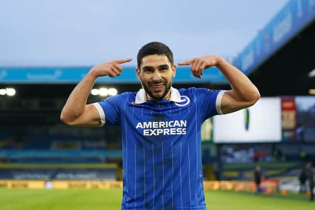 ME AGAIN: Brighton's Neal Maupay, who scored the only goal in January's 1-0 win at Elland Road, above, is again favourite to score first in Saturday's reverse fixture against Leeds United at the Amex. Photo by JON SUPER/POOL/AFP via Getty Images.