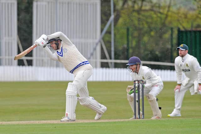 Farsley batsman Daniel Revis goes on the attack against New Farnley. Picture: Steve Riding.