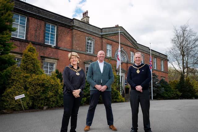 RFL chief executive Ralph Rimmer with the sport's president Clare Balding and vice-president Mike Smith at Red Hall. Picture by RFL.
